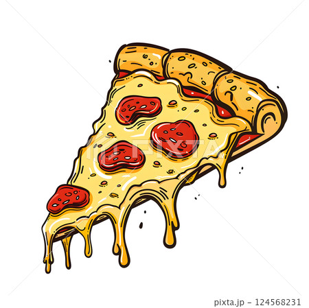 Cheesy Pepperoni Pizza Slice with Melting Cheese Illustration Cheesy Pepperoni Pizza Slice with Melting Cheese Illustration 124568231