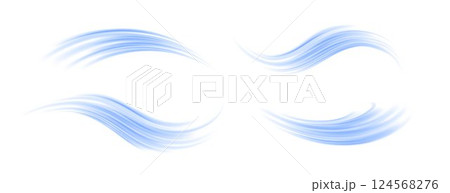 Blue wind line element set. Light curve speed effect collection. Air stream flow wavy motion trace. Blowing wind wave concept. Swoosh and swirl stripe path design illustration. Vector swash bundle 124568276