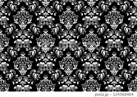 Floral pattern. Seamless vector background. Vintage wallpaper in the Baroque style. White and black ornament for fabric, wallpaper, packaging. Ornate Damask flower illustration. Floral pattern. Seamless vector background. Vintage wallpaper in the Baroque style. White and black ornament for fabric, wallpaper, packaging. Ornate Damask flower illustration. 124568464