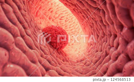 内視鏡で見た大腸などに発生した腫瘍、がん細胞、ポリープのイメージの3Dイラスト 124568513