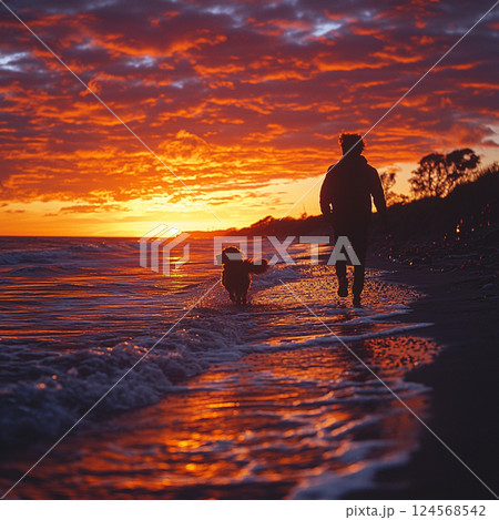 Dog and Owner Running on a Beach at Sunset 124568542