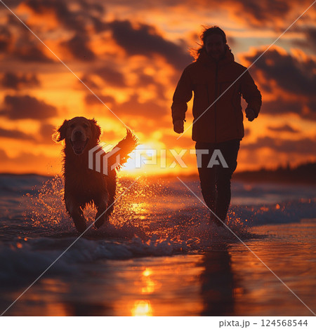 Dog and Owner Running on a Beach at Sunset Dog and Owner Running on a Beach at Sunset 124568544