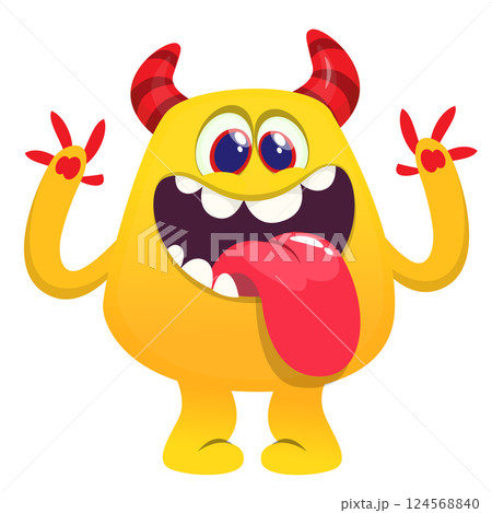 Cartoon happy monster with long tongue sticking out of the mouth. Vector illustration isolated on white. For Halloween party or package design Cartoon happy monster with long tongue sticking out of the mouth. Vector illustration isolated on white. For Halloween party or package design 124568840