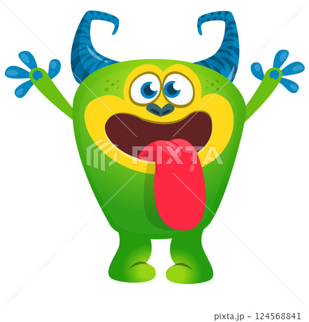 Cartoon happy monster with long tongue sticking out of the mouth. Vector illustration isolated on white. For Halloween party or package design Cartoon happy monster with long tongue sticking out of the mouth. Vector illustration isolated on white. For Halloween party or package design 124568841