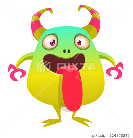 Cartoon happy monster with long tongue sticking out of the mouth. Vector illustration isolated on white. For Halloween party or package design 124568845