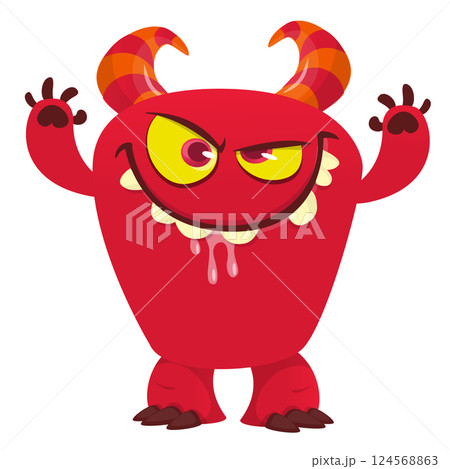 Happy cartoon monster with funny face expression. Halloween vector illustration. Character design for package or party decoration 124568863
