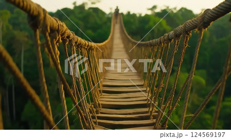 Wooden Suspension Bridge Surrounded by Lush Green Forest and Scenic Landscape in Tranquil Nature Setting Wooden Suspension Bridge Surrounded by Lush Green Forest and Scenic Landscape in Tranquil Nature Setting 124569197