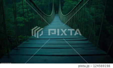 Serene Suspension Bridge Over Lush Green Forest Pathway in Tranquil Nature Scenery at Dusk 124569198