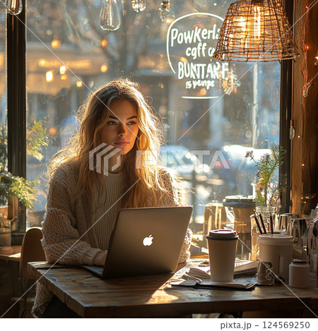 Woman Working on a Laptop in a Bright Café Woman Working on a Laptop in a Bright Café 124569250