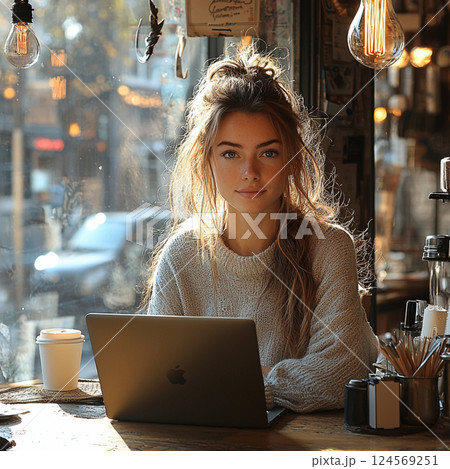 Woman Working on a Laptop in a Bright Café Woman Working on a Laptop in a Bright Café 124569251