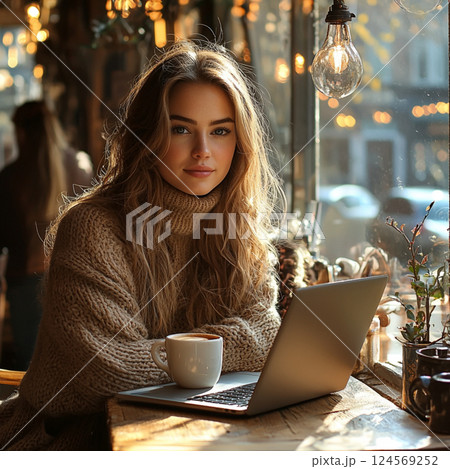 Woman Working on a Laptop in a Bright Café Woman Working on a Laptop in a Bright Café 124569252