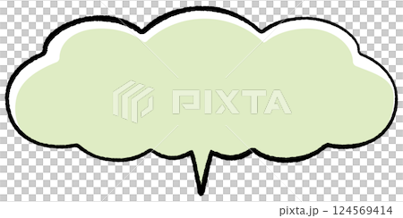 A simple speech bubble with a line drawing style. Fluffy cloud horizontally long, with the tail in the center, in a stylish color. 124569414
