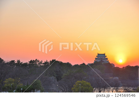 《愛知県》夕焼けに染まる名古屋城天守閣 《愛知県》夕焼けに染まる名古屋城天守閣 124569546