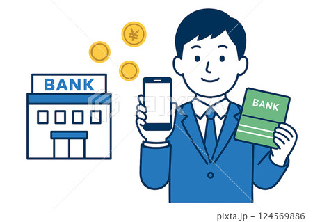 スマホと通帳を使って銀行サービスを利用する男性のイラスト 124569886