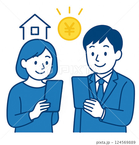 スマホで家計や資産を管理する男女のイラスト（家と円マーク付き） 124569889