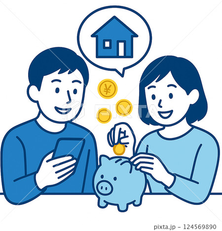 住宅購入のために貯金をする夫婦のイラスト（貯金箱と家の吹き出し付き） 124569890
