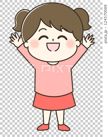 A cute, full-body illustration of a smiling girl cheering 124570089