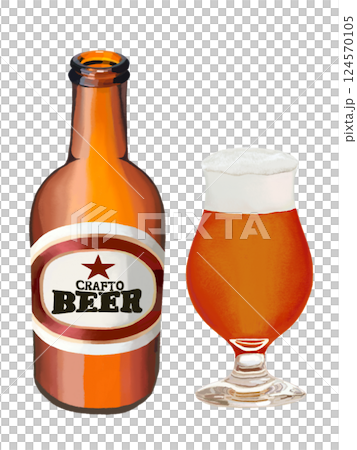Craft beer (brown) without lid, with beer glass 124570105