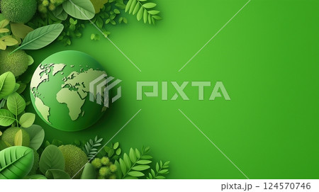 Green Concept World Globe Surrounded by Leaves and Nature Elements for Environmental Awareness and Earth Day 124570746