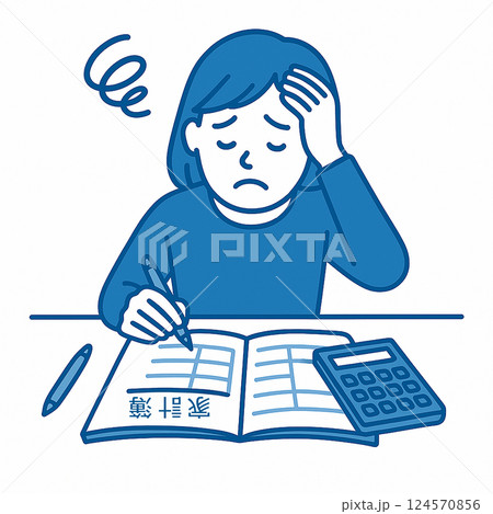 家計簿をつけながら頭を抱える女性のイラスト(家計の見直し・生活費の悩み) 家計簿をつけながら頭を抱える女性のイラスト(家計の見直し・生活費の悩み) 124570856