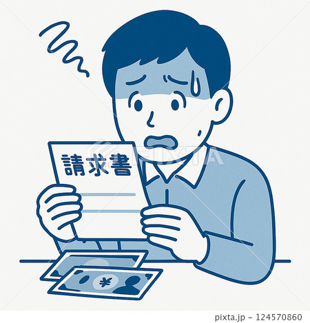 高額な請求書を見て驚く男性のイラスト（生活費・支払い・お金の悩み） 124570860