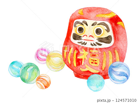 水彩イラスト ビー玉と伝統玩具 だるま 水彩イラスト ビー玉と伝統玩具 だるま 124571010