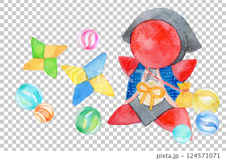 水彩イラスト　ビー玉とさるぼぼ 124571071