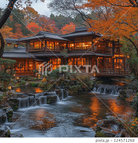 Traditional Wooden Hot Spring Inn Surrounded by Au Traditional Wooden Hot Spring Inn Surrounded by Au 124571268