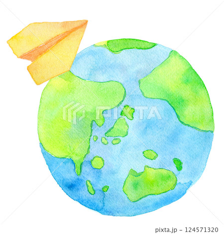 水彩イラスト　地球と紙飛行機 124571320
