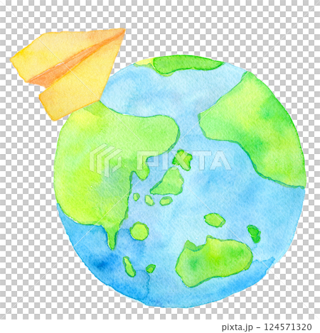 水彩イラスト　地球と紙飛行機 124571320