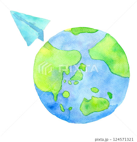 水彩イラスト　地球と紙飛行機 124571321