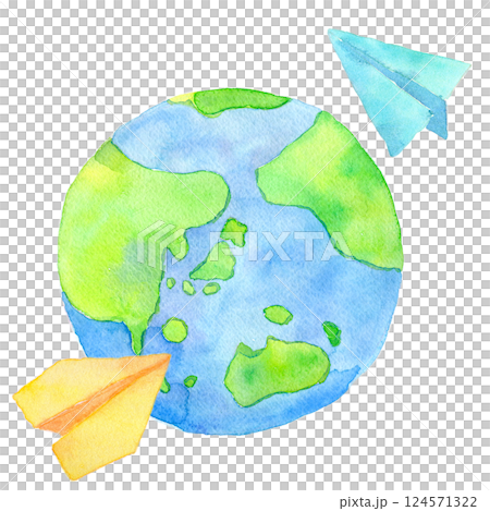 水彩イラスト 地球と紙飛行機 水彩イラスト 地球と紙飛行機 124571322