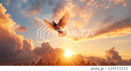 dove soaring above crowd of people in prayer at sunset, pentecost dove soaring above crowd of people in prayer at sunset, pentecost 124571513