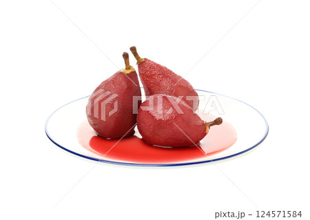 PNG, Pears in wine on plate, isolated on white background 124571584