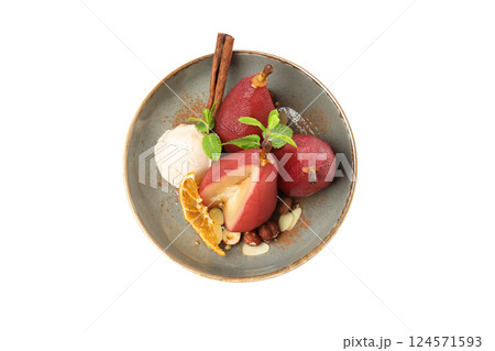 PNG, Pears in wine, orange slice and ice cream in bowl, isolated on white background, top view PNG, Pears in wine, orange slice and ice cream in bowl, isolated on white background, top view 124571593