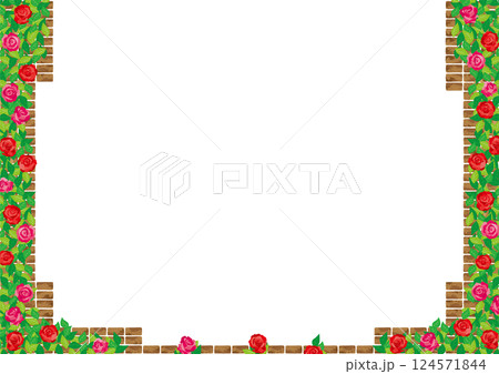 背景素材<レンガの壁フレーム・レンガを蔦のように這う薔薇の花・横位置> 背景素材<レンガの壁フレーム・レンガを蔦のように這う薔薇の花・横位置> 124571844