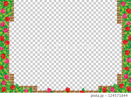 Background material <Brick wall frame, rose flowers creeping like ivy on bricks, horizontal position> Background material <Brick wall frame, rose flowers creeping like ivy on bricks, horizontal position> 124571844