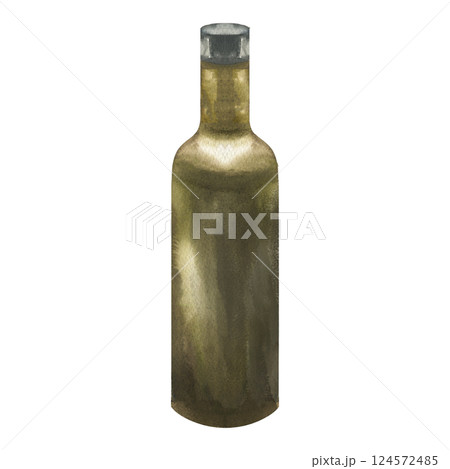 Dark glass bottle with olive oil watercolor illustration.Hand drawn isolated transparent green glass jar with black cap clipart,oil and salad sauce pot painting for menu,product packing,poster design Dark glass bottle with olive oil watercolor illustration.Hand drawn isolated transparent green glass jar with black cap clipart,oil and salad sauce pot painting for menu,product packing,poster design 124572485