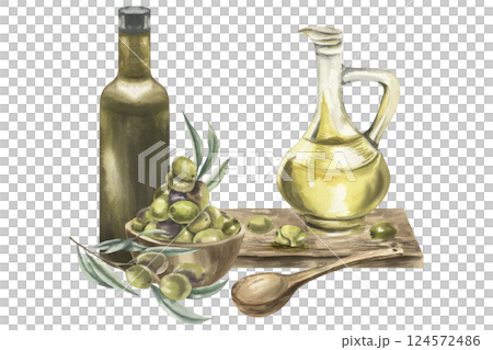 Vegan organic food composition with olives in wooden plate, olive oil glass jug and dark bottle on wooden board with spoon and floral arrangement.Italian and Greek cuisine clipart for diet book,menu Vegan organic food composition with olives in wooden plate, olive oil glass jug and dark bottle on wooden board with spoon and floral arrangement.Italian and Greek cuisine clipart for diet book,menu 124572486