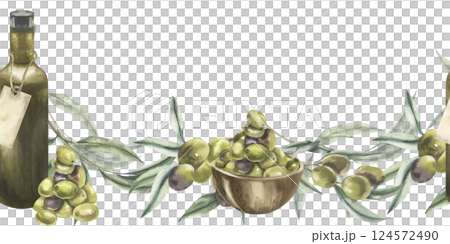 Olive branches with leaves,oil dark bottle and olives bunch in wooden plate watercolor seamless border. Floral repeated banner with Italian cuisine traditional ingredients for textile,fabric, design Olive branches with leaves,oil dark bottle and olives bunch in wooden plate watercolor seamless border. Floral repeated banner with Italian cuisine traditional ingredients for textile,fabric, design 124572490