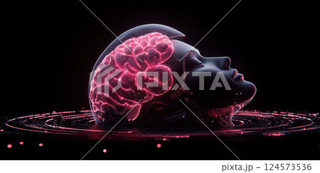 glowing digital brain inside futuristic human head, symbolizing AI and intelligence 124573536