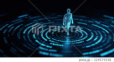glowing digital human figure surrounded by circular data streams, symbolizing AI and technology 124573538