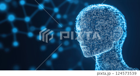 glowing digital human head made of binary code, symbolizing artificial intelligence 124573539