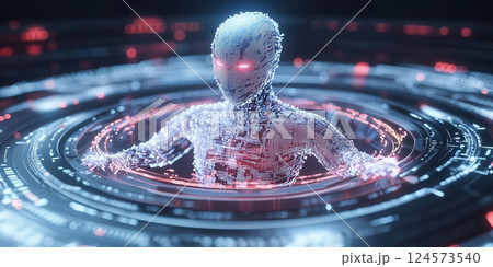 glowing futuristic AI humanoid surrounded by digital interface, radiating intelligence 124573540