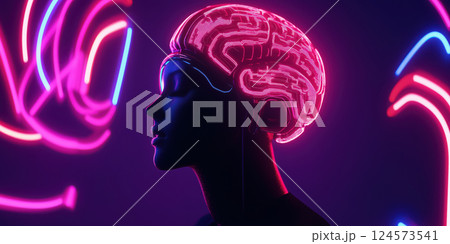 futuristic depiction of artificial intelligence with glowing brain and neon lights 124573541