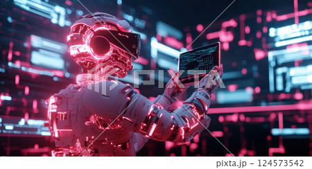 futuristic AI robot analyzing data on glowing tablet in neon lit digital environment 124573542