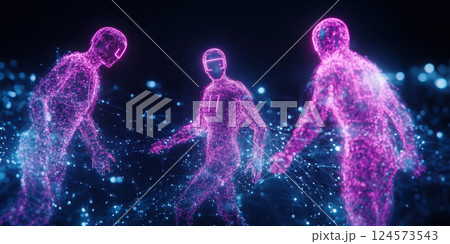 Futuristic glowing AI figures connected by digital networks in vibrant neon environment 124573543