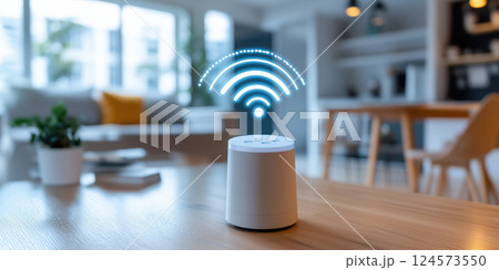 smart speaker with glowing Wi Fi symbol in modern living room, showcasing connectivity 124573550