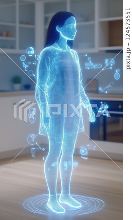 Futuristic holographic assistant in modern kitchen, glowing with blue digital elements 124573551