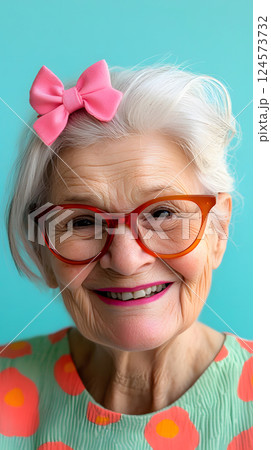 リボンと眼鏡が特徴的なキュートでチャーミングなシニア女性のクローズアップ笑顔ポートレート 124573732